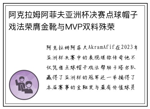 阿克拉姆阿菲夫亚洲杯决赛点球帽子戏法荣膺金靴与MVP双料殊荣