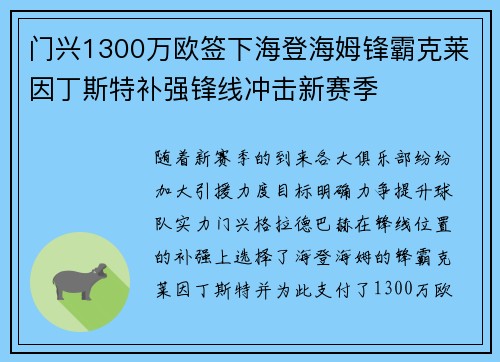 门兴1300万欧签下海登海姆锋霸克莱因丁斯特补强锋线冲击新赛季 门兴1300万欧签下海登海姆锋霸克莱因丁斯特补强锋线冲击新赛季